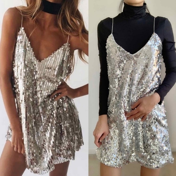 Double Side Slit Sequins Sexy Maxi Spaghetti Strap V-neck Chic Sequin Slip Dress